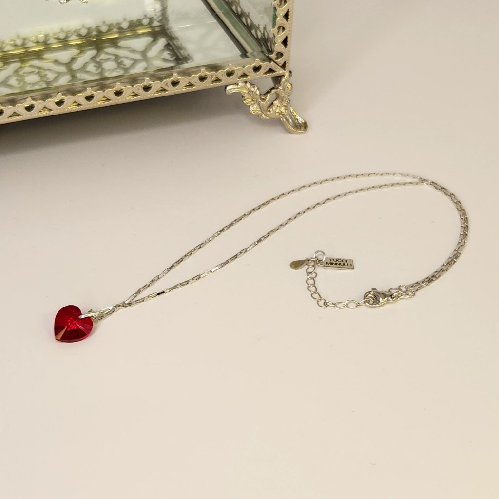 Red Crystal Heart, Sterling Silver Necklace
